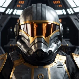 star wars bald male corellian pilot wearing dark gunmetal grey and black First Order special forces TIE pilot armored flightsuit and helmet with gold trim and gold mirrored visor inside the jedi temple, centered head and shoulders portrait, hyperdetailed, dynamic lighting, hyperdetailed background, 8k resolution, volumetric lighting, light skin, fully symmetric details