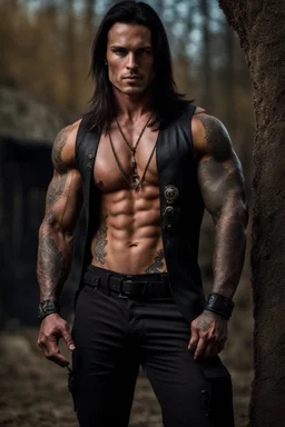 Handsome muscular alpha male, 30 years old, Dark eyes, Long brown hair, bare chest covered in tattoos and scars. wearing black combat trousers and heavy boots, hyperrealistic, 4k, dark fantasy, large house in the background