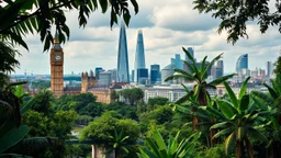 City of London, Big Ben, Tower Bridge, Shard, Gherkin, etc. everywhere totally overgrown with a jungle of banana trees and other jungle trees, award winning photograph