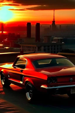 Red Mustang car, sunset, two bestfriends, view on the city