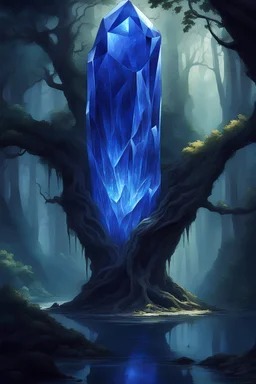 giant magic crystal, in a magic temple chamber, blue crystal, tall crystal, single crystal, tree-like, root are made of crystal,