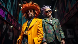 Nikon D850 with AF-S NIKKOR 24-70mm f/2.8E ED VR lens at f/5.6: [Two innovative friendly individuals wearing strange, suave, wild, beautiful fashionable clothing] in a [parallel universe], showcasing [full-height figures from head to foot with intricate details], [vibrant colors and deep shadows], creating [a surreal and captivating atmosphere with precise textures and anatomy]. focus peaking enabled, Nikon Picture Control with enhanced color grading.