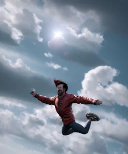 Ultra realistic speed clouds sky scene, wide angle view, strong men falling down with many Childs background, circus clothing style, feather color clothing, free jumping flying, many trinkets, hair monster, many jelly beans, balls, color smoke, smile, happy, extreme, wind, clouds sea, 20,000 feet altitude, stratosphere, soft color, highly detailed, unreal engine 5, ray tracing, RTX, lumen lighting, ultra detail, volumetric lighting, 3d, finely drawn, high definition, high resolution.