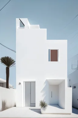 Casa pequeña de interes social en tijuana, casas en serie, color blanco, diseño minimalista, con un toque de color, con terraza en segundo piso