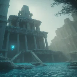 underwater, atlantis temple, futuristic, steps, and vaults. the temple is abandoned and the water is murky and dark