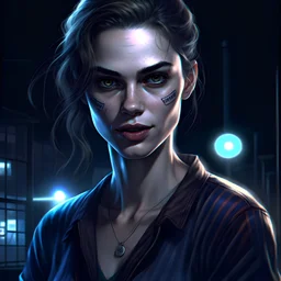 Vampire the masquerade looking female brujah character looking confident with an ice cold knowing smile, a slighty crooked nose and an eyebrow slid and more like a tomboy with a red flanell shirt in a fighting ring, photorealistic artstyle