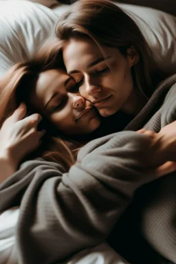 hugging someone while laying down in bed