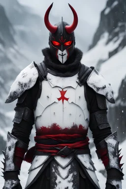 The character, depicted in a striking white armour against a wintry backdrop stands with his hands behind his back inside the scene, he has a red and black circular symbol on his chest like a shield, a black pointed spear with a red handle on his back, His eyes are showing a dynamic expression and he wears a black oni mask with white teeth covering the bottom part of his mouth he has brown shoulder pads and a white karate belt with a bag attached to it. He has dark brown hair. He has no helmet.