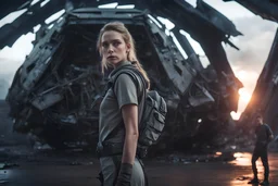 Beautiful girl with rainbow eyes, warrior, strong, sad, resilient, Masterpiece, female, young, best quality, cinematic lighting, futuristic, , standing in front of crashed spaceship, with family of 8 behind her, tough stance.