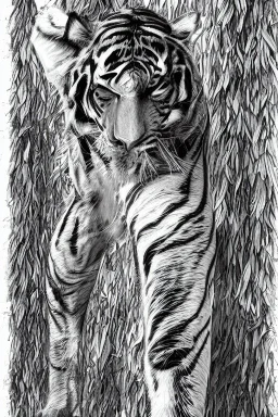 Rainforest, tall hybrid of human and tiger walking, frontal, model style, hyper realistic, accurate, delicate, extremely detailed, Graphic novel style, wide-angle, front view, open aperture, superfine pencil