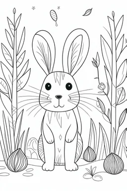 Coloring page for toodlers, with a cute forest hare, very Bold outlines and white background, minimal number of elements, very simple