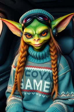 furry gremlin alien woman air captain wearing a "pooyan game" sweater