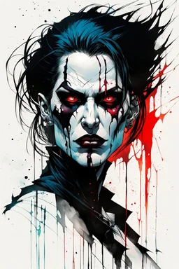 create a highly ethereal, darkly magical full body portrait illustration of a ragged malevolent female goth vampire , with highly detailed and deeply cut facial features, in the comic art style of FRANK MILLER and BILL SIENKIEWICZ, searing lines and forceful strokes, precisely drawn, boldly inked, with vibrant colors