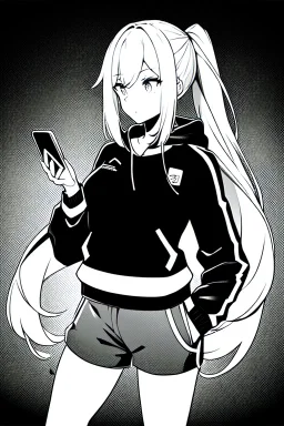 blonde girl with ponytails dressed in a jacket and shorts use cell phone's flashlight to get some light in the dark, greyscale