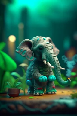 cute fluffy camo toy elephant in the room smoking a cigar in the style of pixar, on a strange planet with weird colors and waterfalls, bokeh like f/0.8, tilt-shift lens 8k, high detail, smooth render, down-light, unreal engine, prize winning