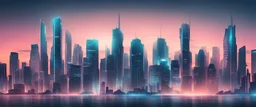 futuristic city skyline, like that of Miami's, using a cinematic background and outlining the buildings with a gradient