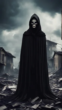 Against the backdrop of a gloomy internet network future, empty houses and destroyed buildings, a mysterious scary huge figure in a black mantle with a face resembling a skull stands in full height, horror style