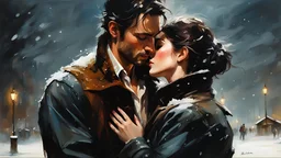 (Brunette Thin Caucasian Woman 30yo Black Short Straight Bob Hair, Blush, Beautiful Makeup, disheveled, crying) in a snowstorm at night, passionately hugging (a clean shaven dark haired cowboy) :: by Robert McGinnis + Jeremy Mann + Carne Griffiths + Leonid Afremov, black canvas, clear outlining, detailed