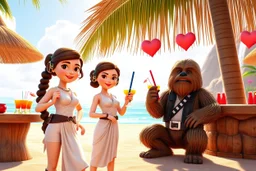 3D video game characters, star wars, Leia princess, Luke, Han Solo, Chewbacca at the beach in sunshine, tiki bar, cocktails, hearts, waterfall, happiness