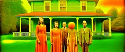 A old photograph from 1888, of a family posed in front of their farmhouse, with a short extra-terrestrial alien orange included as a family member bizarre by natalia shau