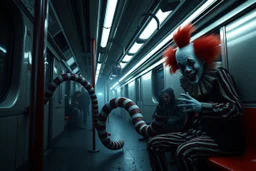 Horror Movie scene of a Clown centipede monster train in the subway station, scary