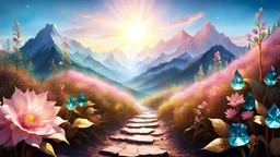 sentiero montano fatto di topazi smeraldi cristalli, quarzo rosa e ialino luccicanti con paesaggio floreale cristalli azzurri e bianchi sole nascente cielo azzurro