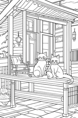 coloring page for kids, Cats on the porch, cartoon style, thick lines, low detail, no shading