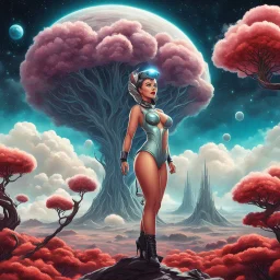 Sci-fi pin-up girl on an alien planet of cloud trees in the multiverse