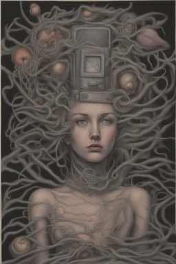 unsated lust on tech can lead to an untimely death; Surrealism; pastel pencils over black ink