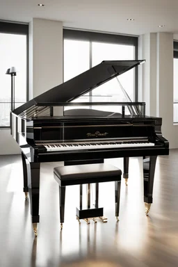 An innovative, award-winning, fully transparent piano design. The piano is tall, made of polished polycarbonate, showcasing all its intricate mechanical components visibly. The design highlights its modern elegance, with sleek lines and a minimalistic approach, emphasizing the beauty of its transparent structure and the complexity of its inner workings. The piano stands gracefully in a well-lit, contemporary setting, casting soft reflections on the floor, symbolizing the fusion of art and techno