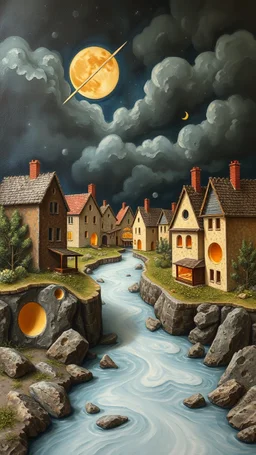 Bosch painting style nightmare, houses build of cheese holes texture with a milk river in the middle