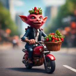 hairy heavy metal kobold strawberry beast business man on motorbike with long eyebrows holding a basket of berries,bokeh like f/0.8, tilt-shift lens 8k, high detail, smooth render, down-light, unreal engine