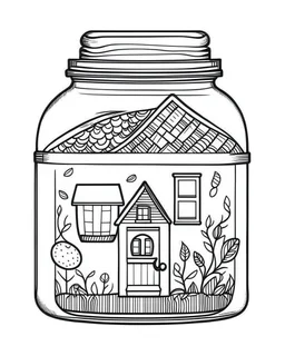 little house life in jar minimalistic, line art, background, vector, svg, coloring book page style, black outline on white background