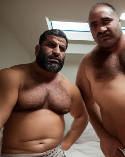 full figure shot photography of two arab prisoners in cell sitting on the edge of a bed talking, muscular hairy chubby 45 years old,long beard, low lights, misery and poverty, in undershirt and boxers, little light enters from a skylight above, lights from above, photorealistic, ambient occlusion, front view from below