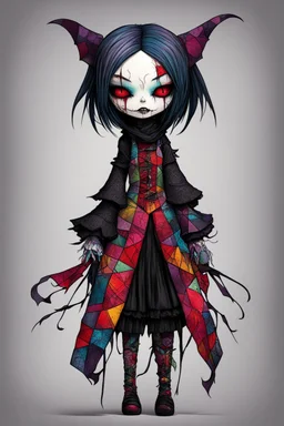 full color, full body illustration of a dark menacing goth vampire girl as a patchwork cloth doll toy, with contrast stitching across her patchwork face, art in the style of Alex Pardee, spirited away, studio ghibli, , 8k , finely detailed and precise line work,