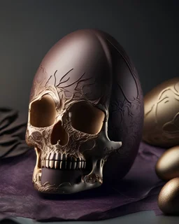 photoreal gorgeous easter-egg skull in wrapping paper made from chocolate by lee jeffries, 8k, high detail, smooth render, unreal engine 5, cinema 4d, HDR, dust effect, vivid colors