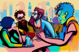 whimsical colorful cartoon ink and tint, 4 people sitting conversating at table, semi overhead view, relaxed, social, various drinks, glasses, bottles on table, 2 men with black beards, 1 woman with red hair in elegant dress, another man with blue hair listening. The background features abstract shapes and muted pastel colors, whimsical vibe, neanderthal influence