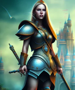 happiness world, castle background, warrior princess in front