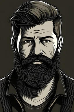 Please draw a guy with a beard, no mustache, short light hair, piercing eyes, dressed in black and gray. Show that he is a whiskey fan.