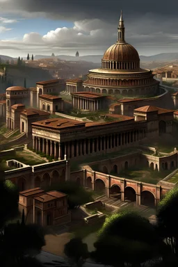 Imagine a sprawling Roman-inspired cityscape surrounding a magnificent castle. The castle stands as a testament to the glory and power of ancient Rome, with its grand columns, intricate mosaics, and towering domes. Describe the city streets lined with marble statues, bustling marketplaces, and majestic temples reminiscent of the Roman Forum. Capture the essence of Roman architecture, culture, and civic life in both the castle and the city, evoking a sense of grandeur and history