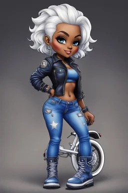 create an airbrush illustration of a chibi cartoon voluptuous black female wearing a blue jean outfit with biker boots. Prominent make up with hazel eyes. Extremely highly detail of a very low platinum blonde pixie haircut. Background of a bike show.