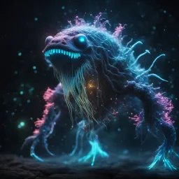 giant bioluminescent creature glowing in dark, particles in air, bright colors, glowing sparkle particles, dark tone, sharp focus, high contrast, 8k, incredible depth, depth of field, dramatic lighting, beautifully intricate details, clean environment, epic dynamic scene, photorealistic cgi