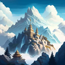 Mount Olympus from the greek mythology. Temples high up in the mountains. Cloudy and mysterious. Illustration. detailed.