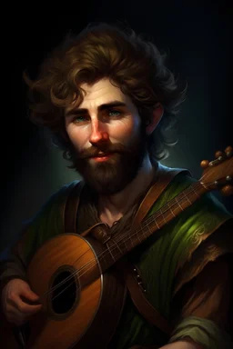 dnd, hyper realistic portrait, satyr bard musician with magical powers, leather armor, short messy shaggy brown hair, blue-ish green eyes, very handsome, warm friendly, charming, ruggedly handsome, outlander, 25 years old, short horns, full beard