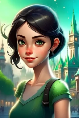 girl portraied as a disney character, disney developing style, disney main character with green eyes and short black hair, beautiful disney girl in a cityscape disney style background
