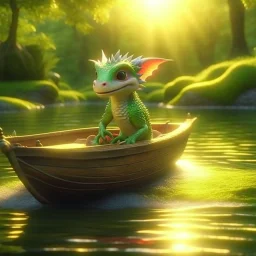 cute blessed chat elf dragon speeding in a fishlike boat in the river,catching a big fish in a river stream, 8k, downlight, soft light, depth of field, photorealism, trending on art station, lotsa detail