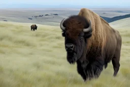 Bison walking uphill towards viewer's left, prairie grasses in foreground, background fades out to completely white