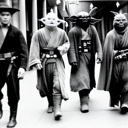 Creepy old photo of star wars Yoda and ewok type people out shopping at old town