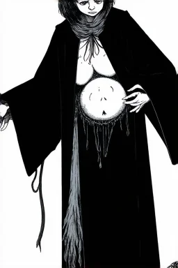 7 year old boy, necromancer, friendly, looks dead,with a long lamprey emerging from his bellybutton, wearing black robes, with the lower body of a ghost in the style of Harry Clarke