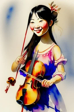 A cute smiling asian girl is holding a violin. Watercolour